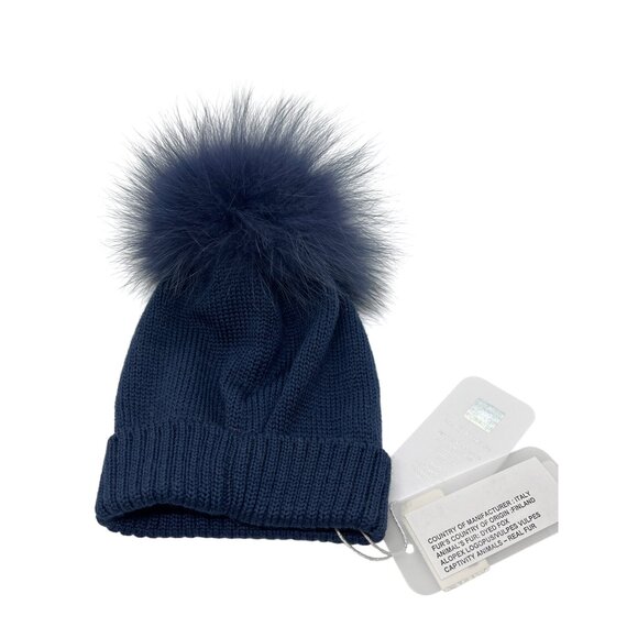 Catya Blue Knit Beanie Fox Fur Pom Made In Italy Warm & Stylish Winter NWT - Picture 3 of 3